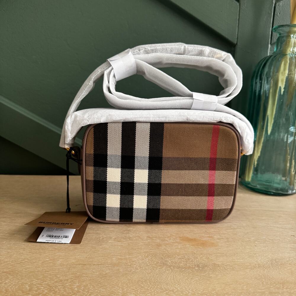 NWT BURBERRY Check Camera Bag Small Grey Mink